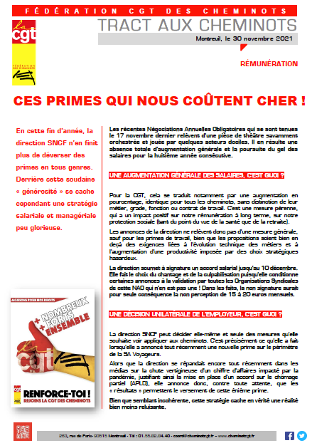 Tract aux cheminots sur la rémunération 2021